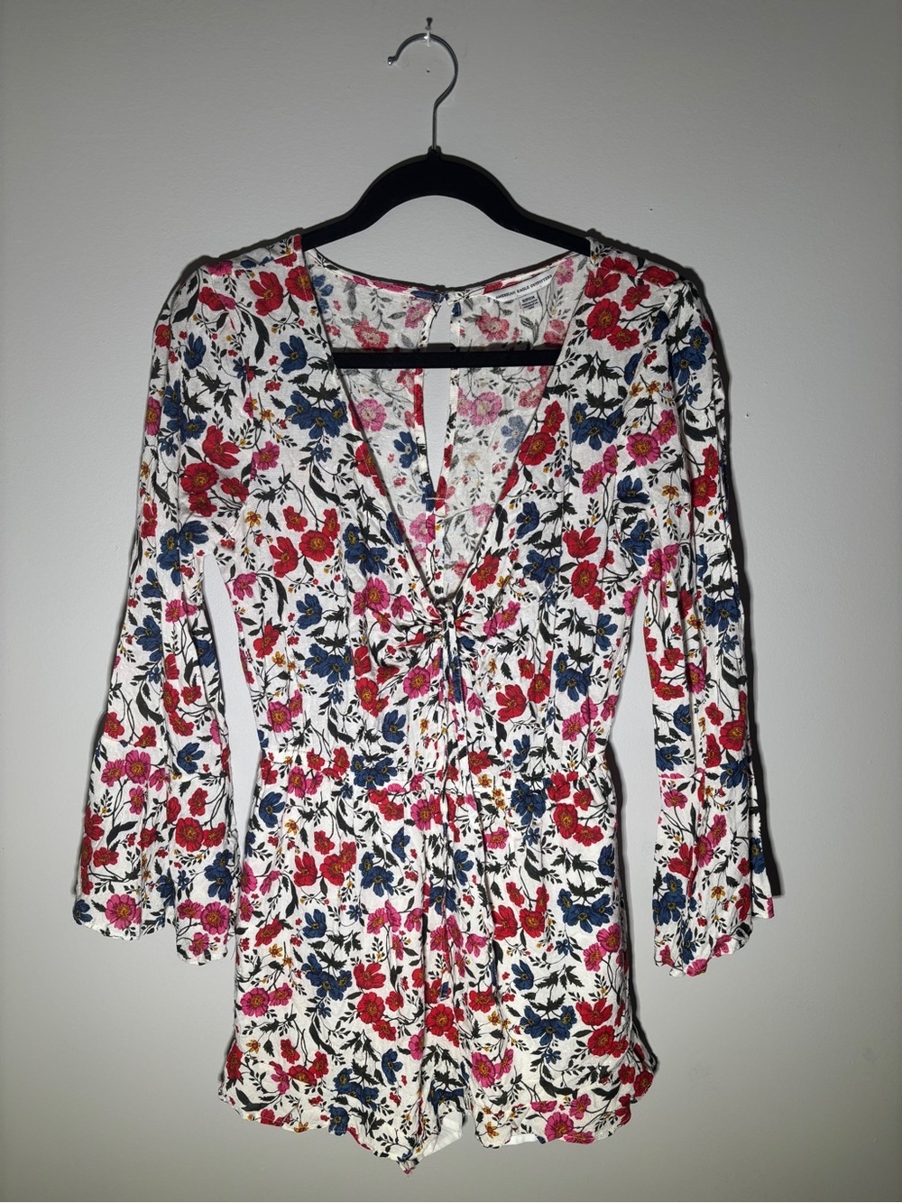 American Eagle Outfitters White Floral Romper with Red, Pink & Blue Flowers